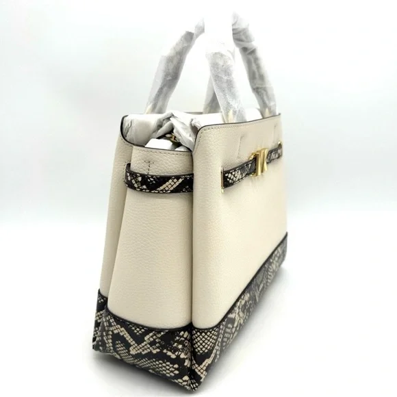 Michael Kors Large Reed Leather Belted Satchel Crossbody Bag Cream Snakeskin - Picture 4 of 11